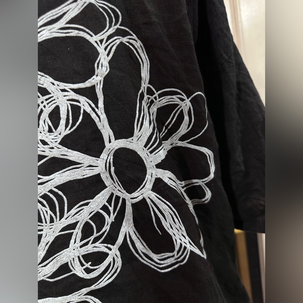 Gigi Moda Italy Linen Hooded Jacket Black Drawstring Hem Floral Back OS - Picture 9 of 15